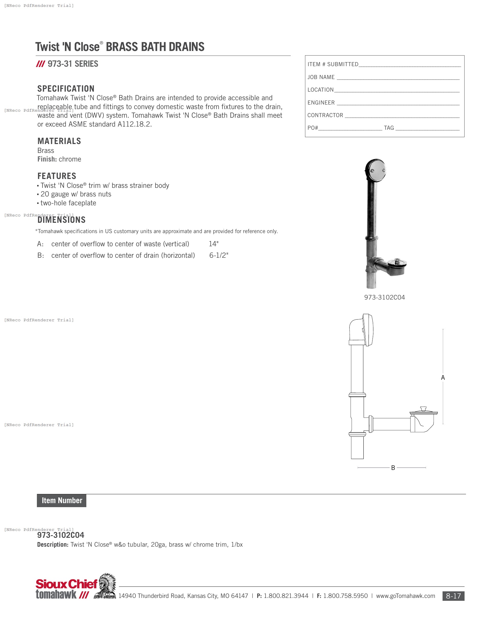 973-3102C04 - TWIST'N CLOSE BRASS BATH DRAIN - SPEC SHEET.PDF Specification Document